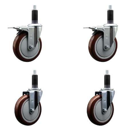 Service Caster 5'' Maroon Poly Swivel 1-1/8'' Expanding Stem Caster Set 2 Total Lock Brakes, 4PK SCC-EXTTL20S514-PPUB-MRN-2-S-2-118